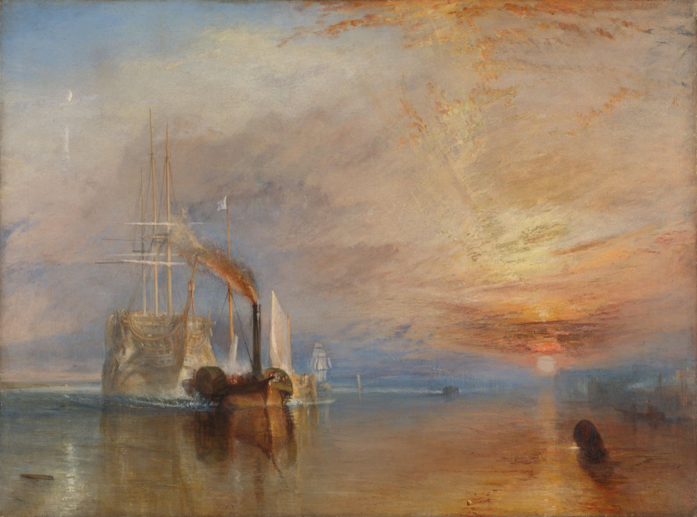 The Fighting Temeraire by J. M. W. Turner: an old sailing warship towed by a small steam tug at sunset